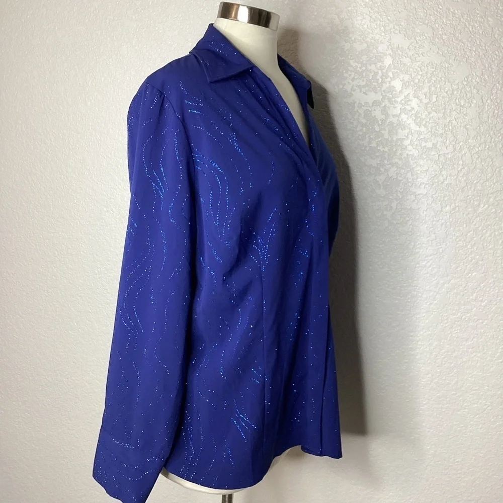 CROFT AND BARROW PLUS SIZE‎ 1X TOP BLUE SHIMMERY SPARKLY BLOUSE LONG SLEEVES EUC - Picture 3 of 9